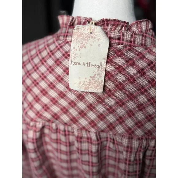 NEW Hem & Thread Womens M Plaid Shirtdress Ruffle Pink White Botton Long Sleeve - Picture 6 of 15